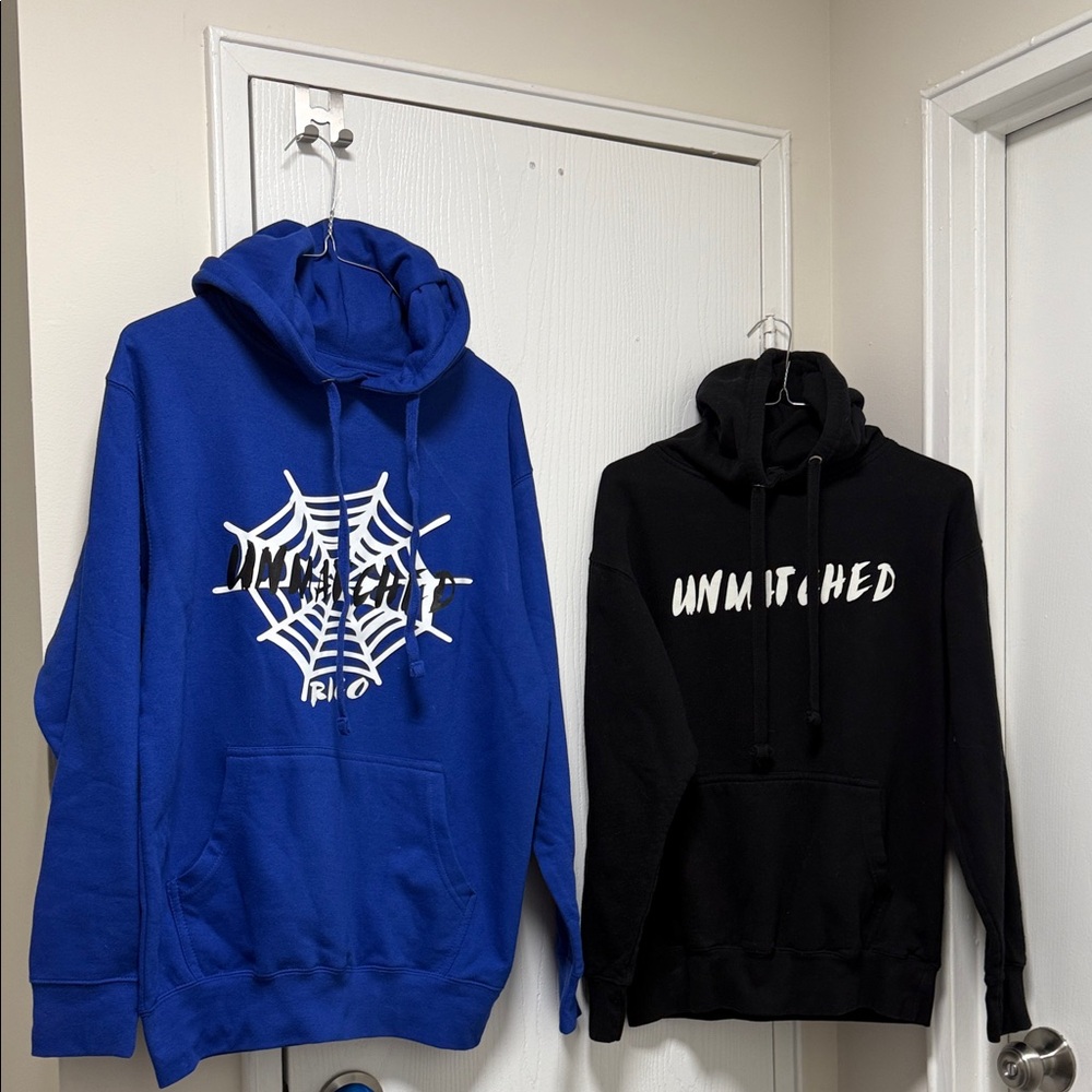 Men’s 2 Hoodies Small For Only One Price. Blue and Black Graphic Hoodies